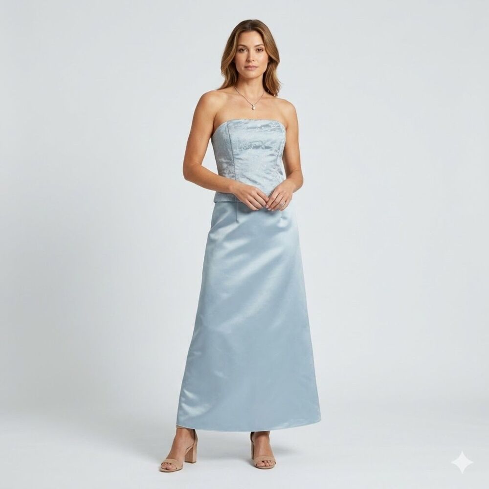 Jessica McClintock Vintage 3pc Formal Set Blue Corset Top Jacket Maxi Skirt Sz 8